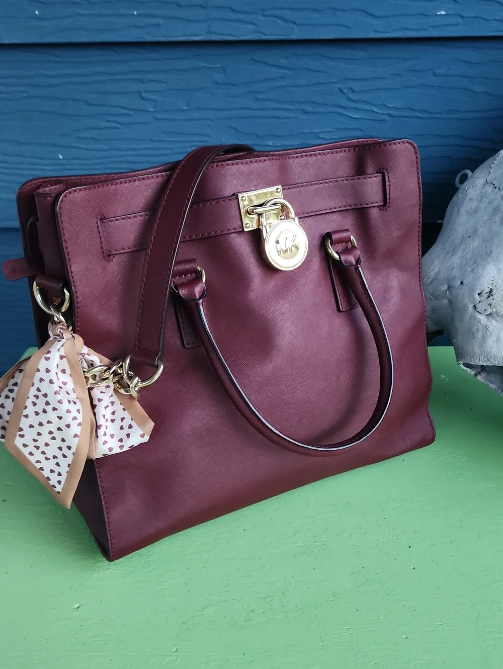 Michael Kors Hamilton Large Saffiano Leather Tote Bag Merlot Burgundy Gold